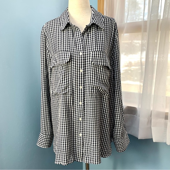Cremieux Black and White Gingham Button Down Blouse - Picture 7 of 8